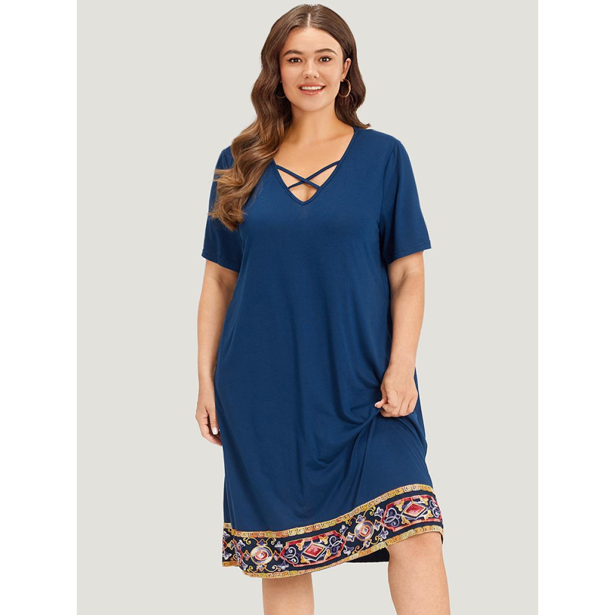 Plus Size Supersoft Essentials Embroidered Patchwork Pocket Crisscross Neck Dress DarkBlue Women Casual Plain V-neck Short sleeve Curvy Midi Dress BloomChic 14-16/1X Product Image