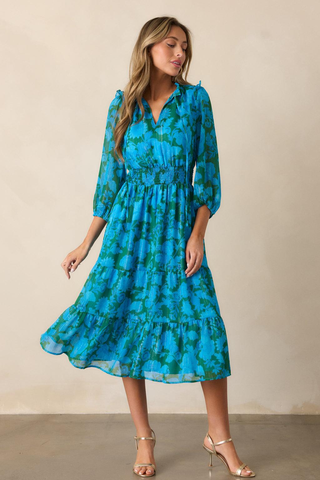 Rising Tides Blue Floral Long Sleeve Midi Dress Product Image