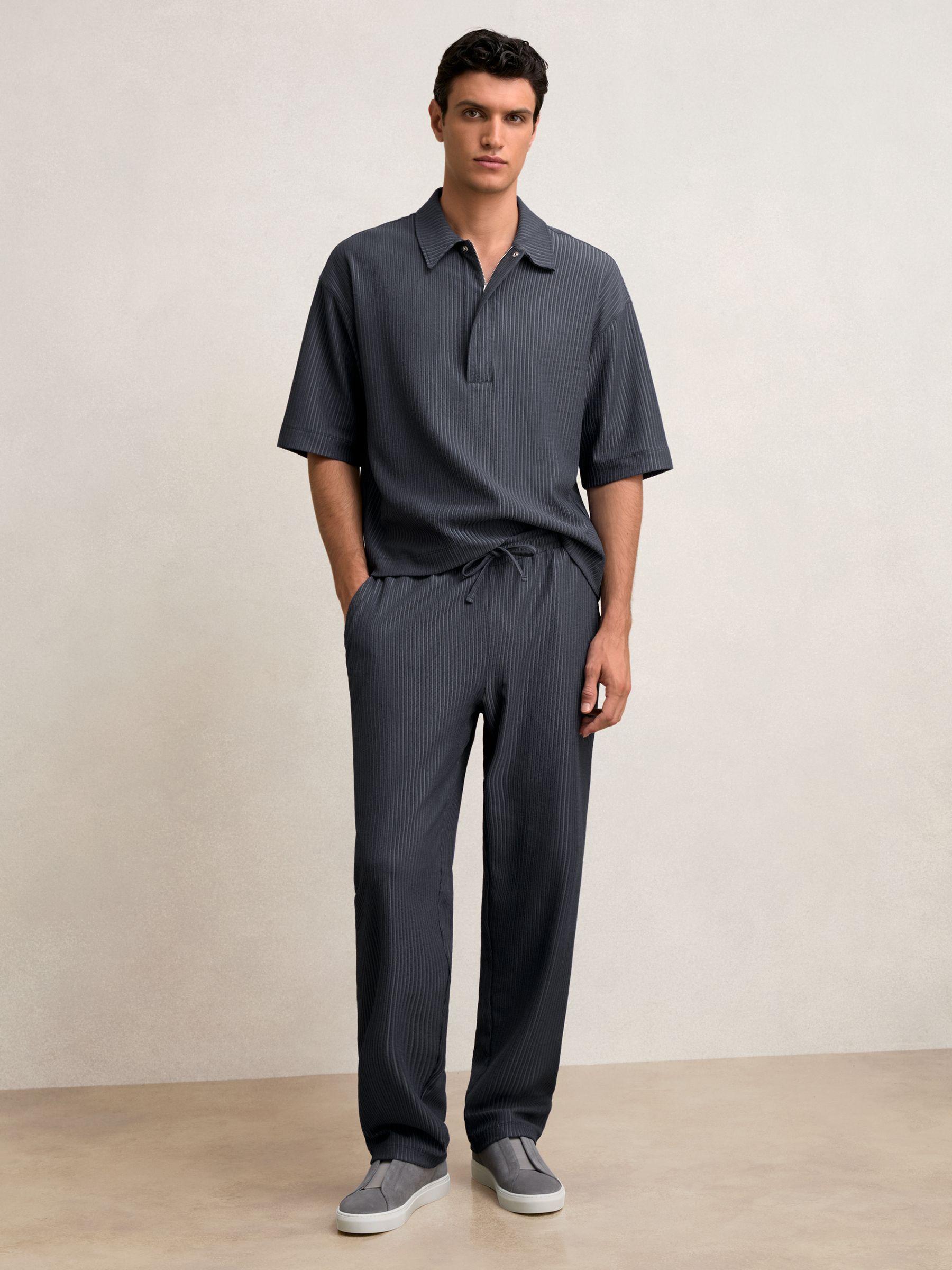 Textured Stripe Drawstring Trousers in Petrol Blue Product Image