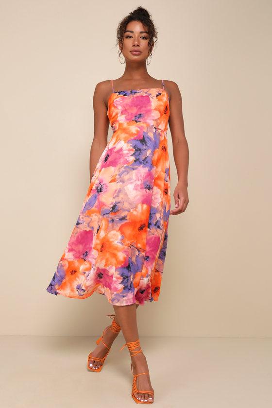 Radiant Feelings Orange and Purple Floral Chiffon Midi Dress Product Image