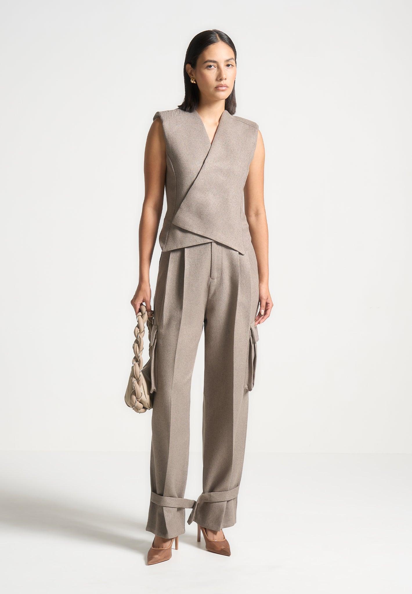 Danielle - Textured Tailored Pleated Cargo Trousers - Taupe Female Product Image