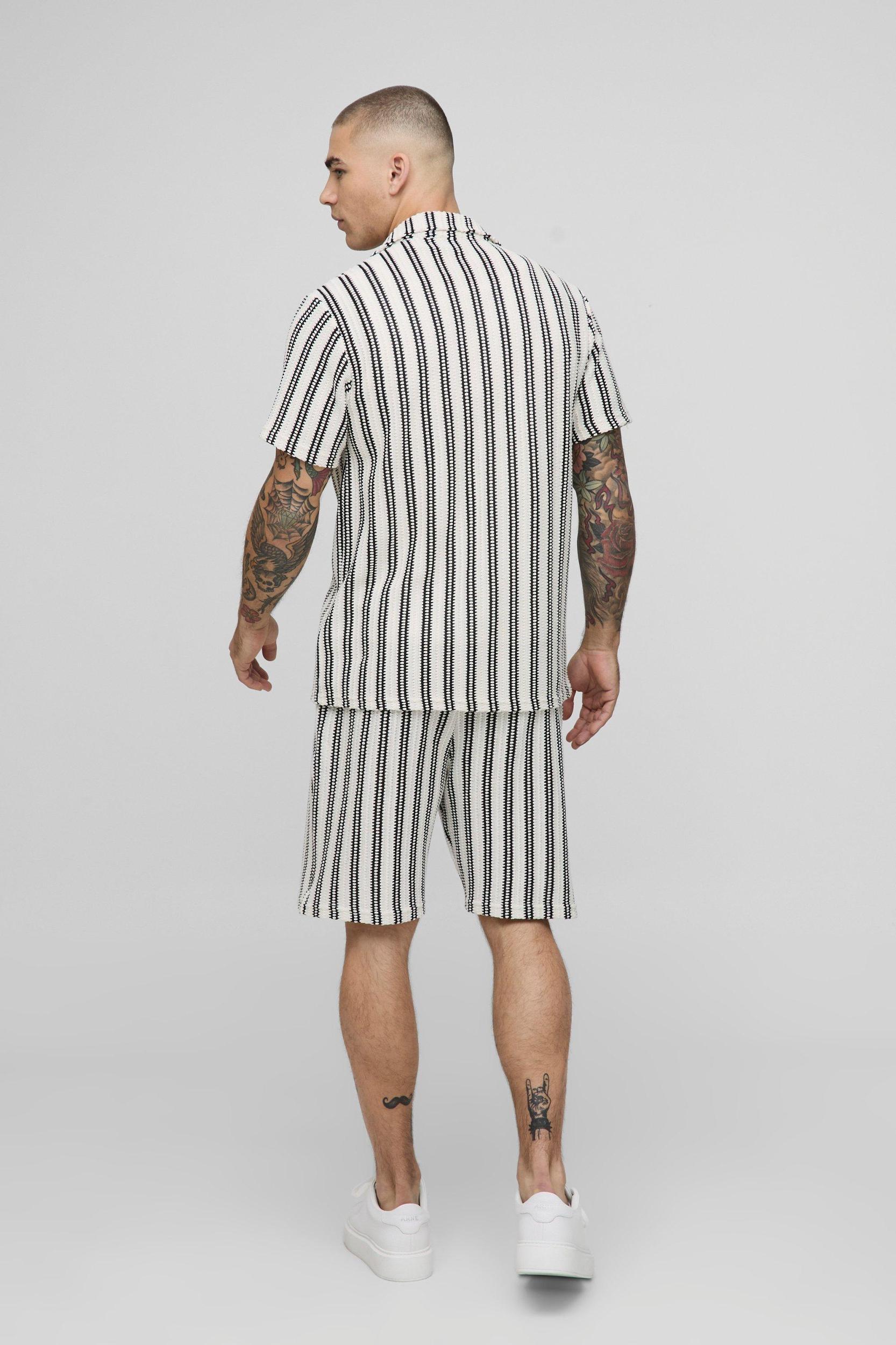 Regular Fit Textured Stripe Revere Collar Jersey Shirt and Shorts Set | boohooMAN USA Product Image
