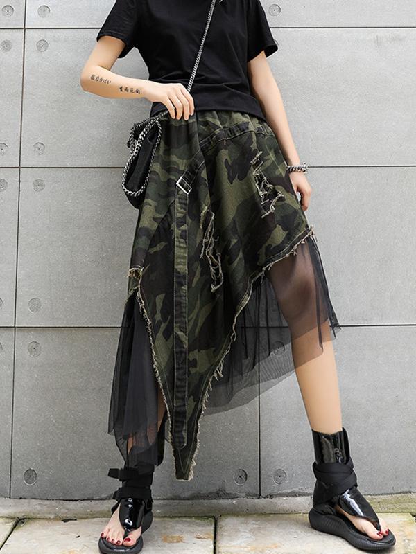 A-Line Loose Asymmetric Camouflage Elasticity Fringed Mesh Split-Joint Skirts Bottoms Product Image