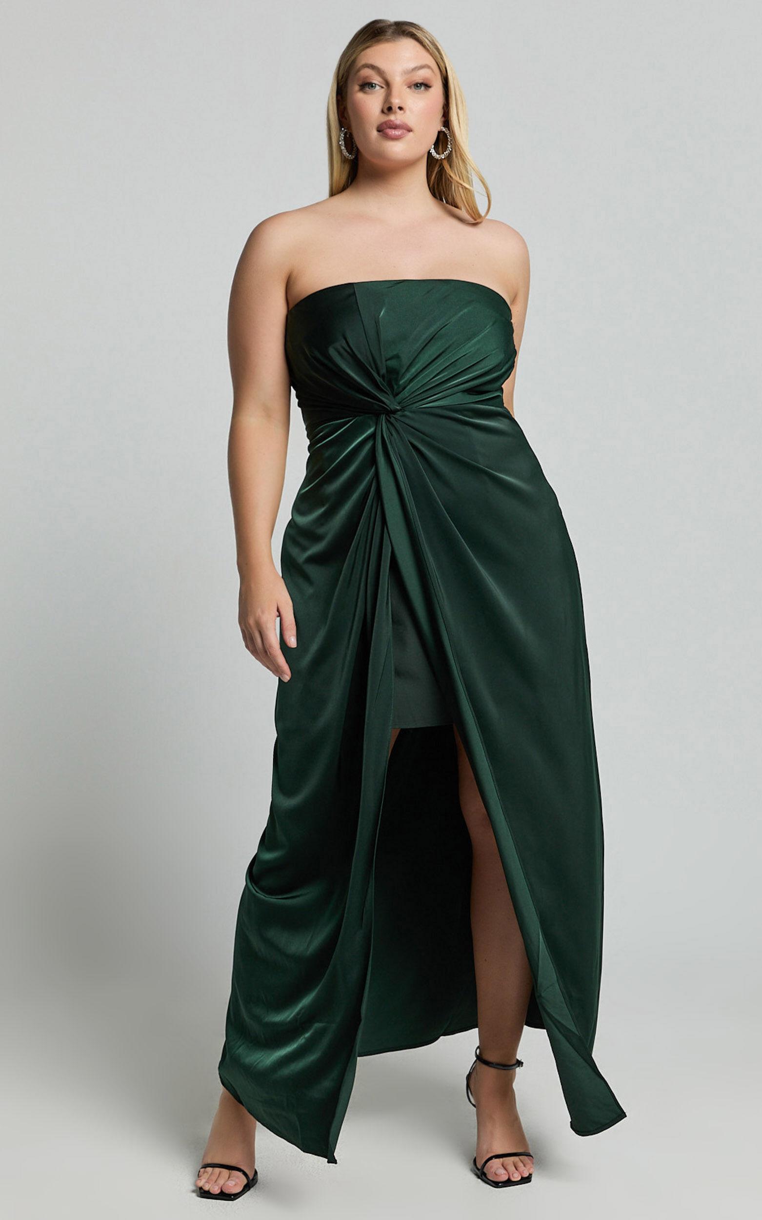 Hathaway Maxi Dress - Strapless Straight Neck Twist Front Split in Emerald Product Image