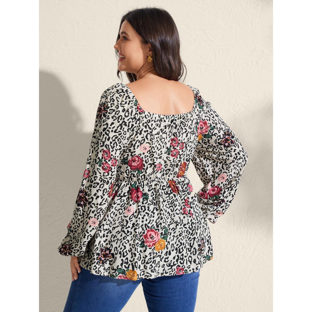 Plus Size Apricot Leopard Floral Print Shirred Blouse Women Romantic Sleeveless V-neck Elegant Blouses BloomChic 22-24/3X Product Image