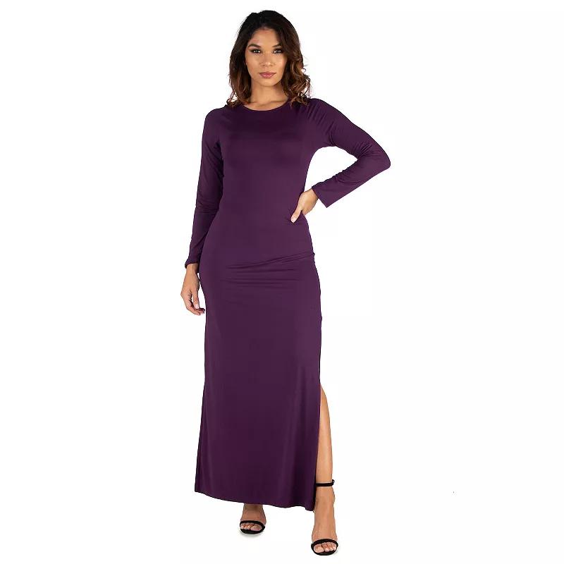 Women's 24seven Comfort Apparel Long Sleeve Side Slit Fitted Maxi Dress,  Product Image