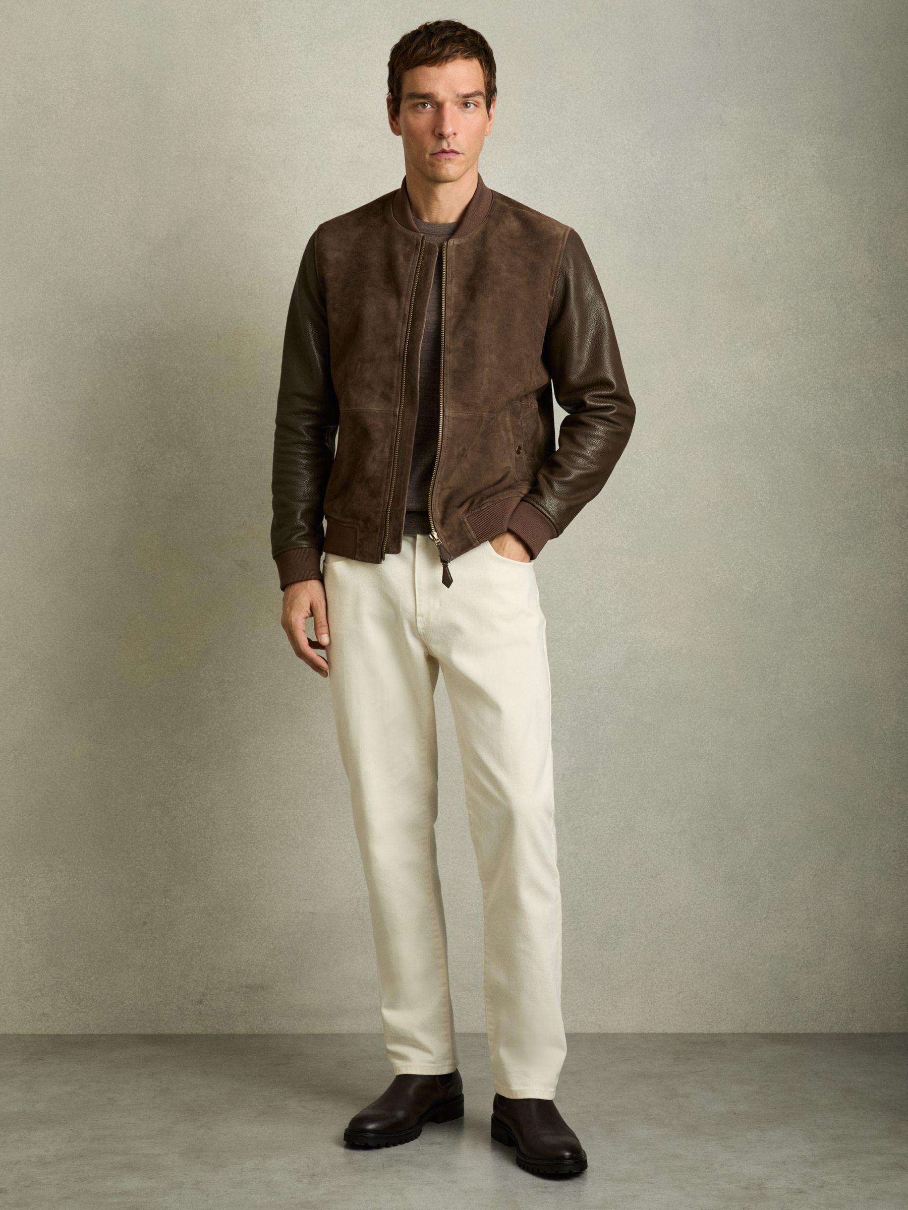 Leather-Sleeve Suede Bomber Jacket in Chocolate Brown Product Image