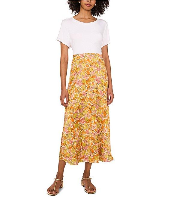 Vince Camuto Satin Floral Pull-On Midi Skirt Product Image
