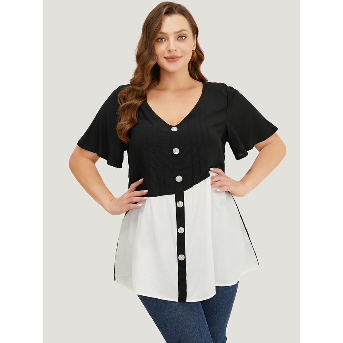 Plus Size Black Colorblock Contrast Pleated Button Detail Ruffle Sleeve Blouse Women Elegant Short sleeve V-neck Dailywear Blouses BloomChic 18-20/2X Product Image