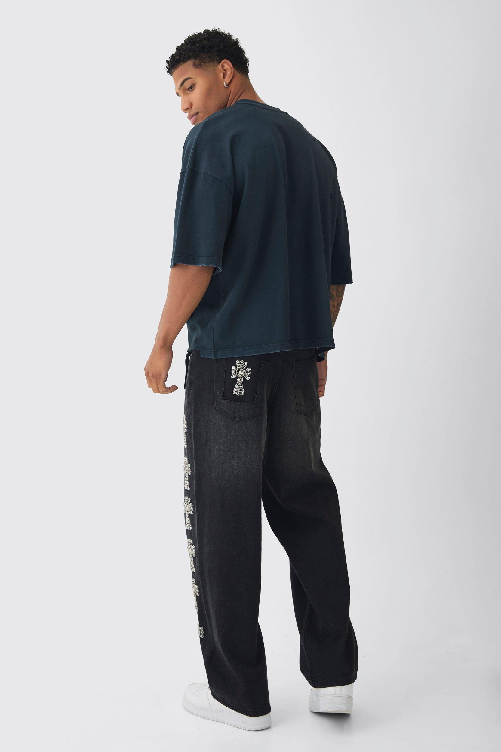 Baggy Rigid Embellished Cross Jeans | boohooMAN USA Product Image