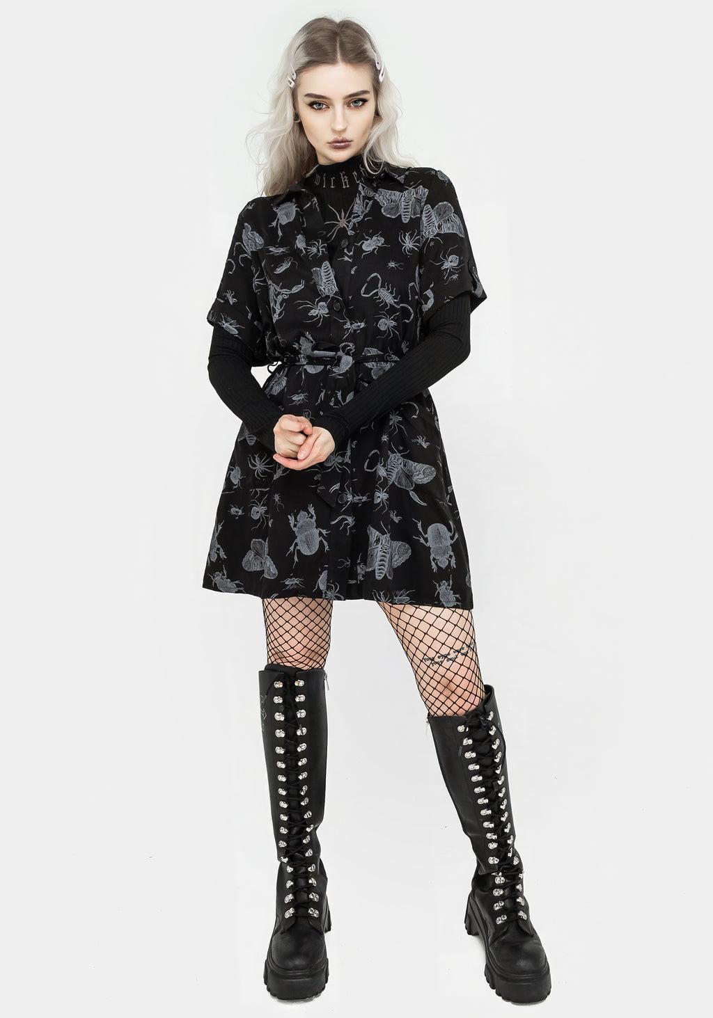 Parasite Bugs Short Sleeve Mini Shirt Dress - Black Product Image