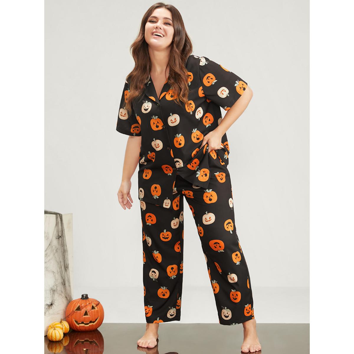 Plus Size Halloween Pumpkin Print Lapel Collar Button Pajama Set Women Black Graphic-Halloween Printed Short sleeve Lapel Collar Casual Loungewear Sets BloomChic 28/5X Product Image