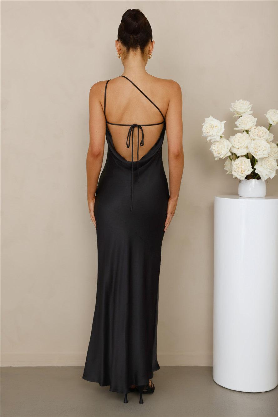 The Evangeline One Shoulder Satin Maxi Dress Black Product Image