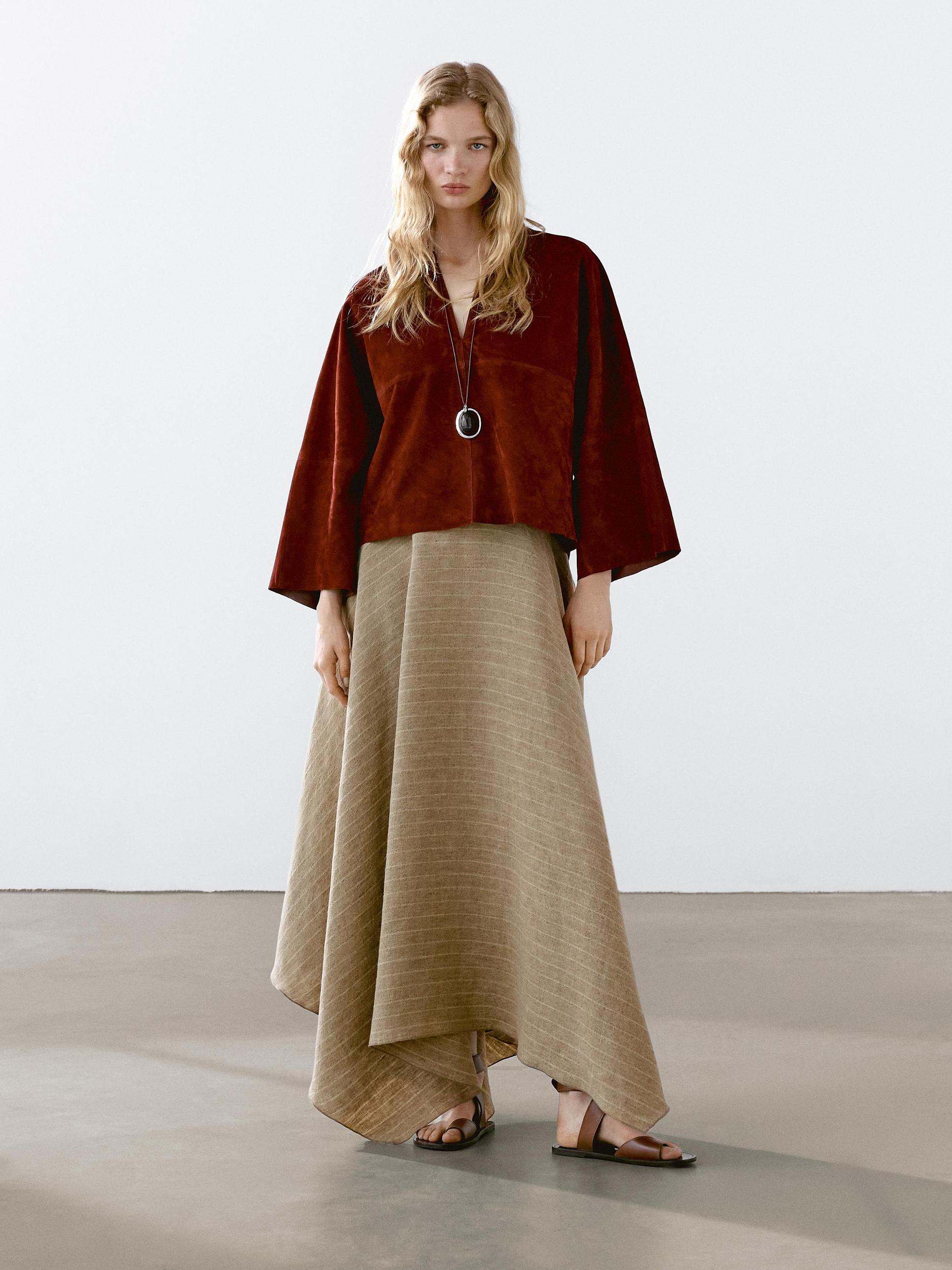 Flounce linen midi skirt with striped detail Product Image