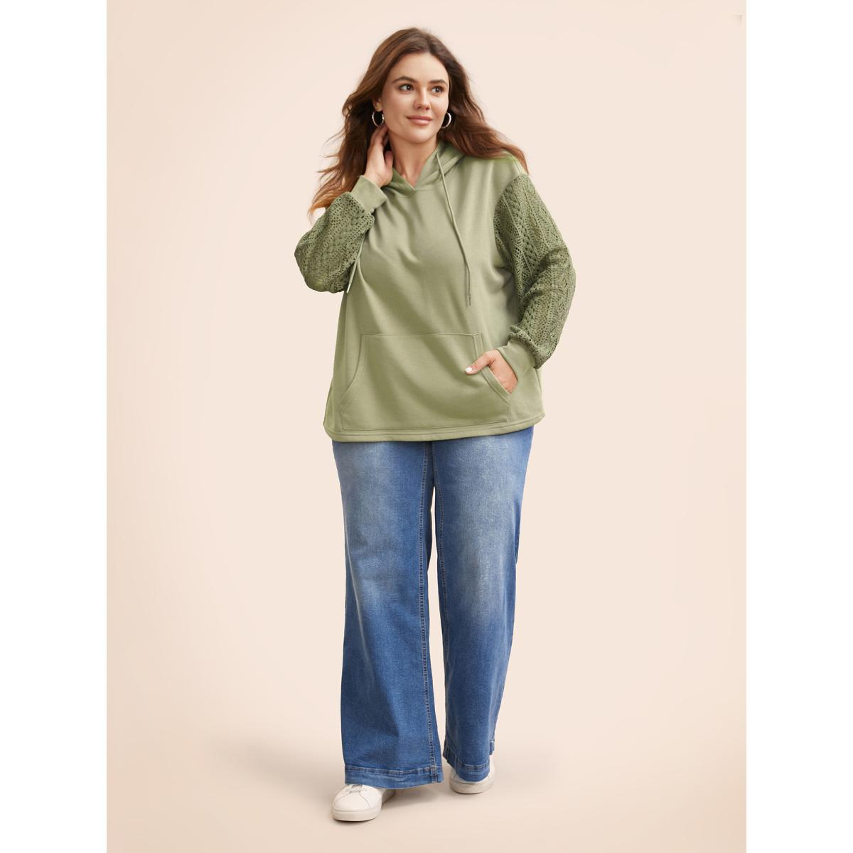 Plus Size Lace Patchwork Hooded Drawstring Sweatshirt Women Sage Casual Patchwork Hooded Everyday Sweatshirts BloomChic 28/5X Product Image