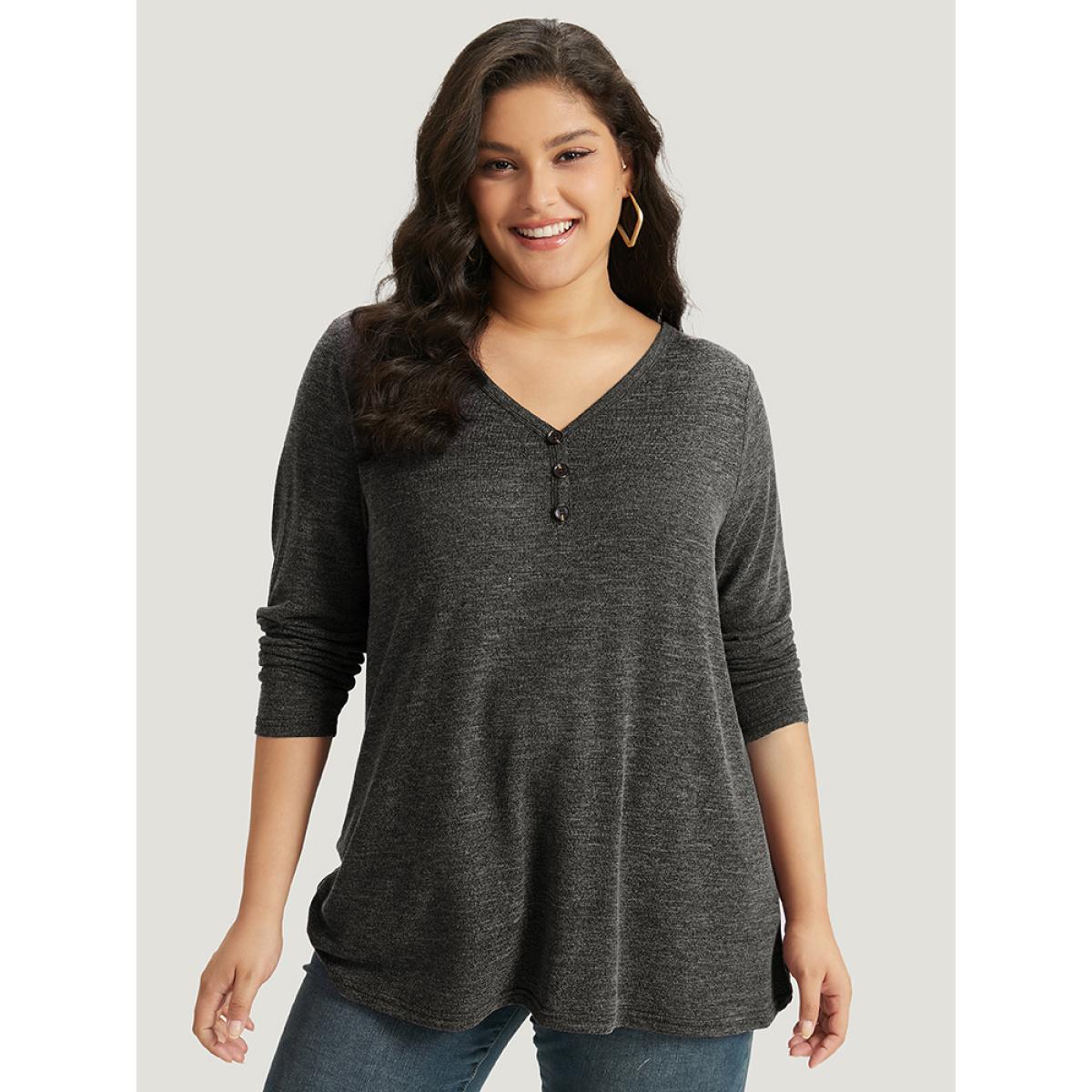 Plus Size Heather Button Up Long Sleeve T-shirt Black Women Casual Heather Plain V-neck Everyday T-shirts BloomChic 28/5X Product Image