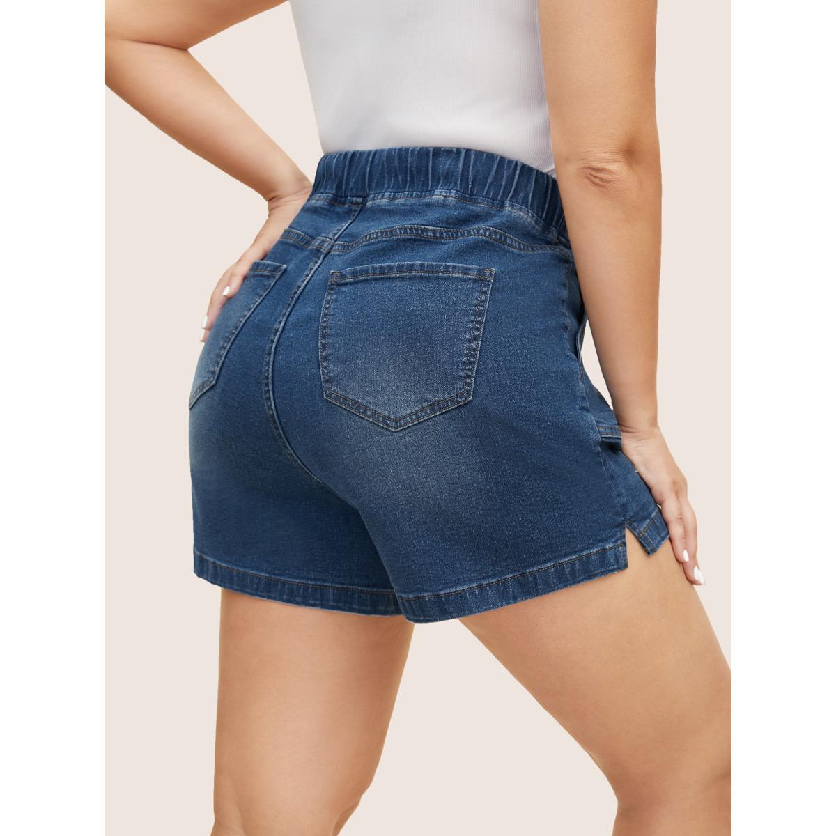 Plus Size Dark Wash Drawstring Distressed Patch Pocket Denim Shorts Women Darkindigo Distressed Medium stretch Everyday Patch pocket Casual Denim Shorts BloomChic 24/3X Product Image