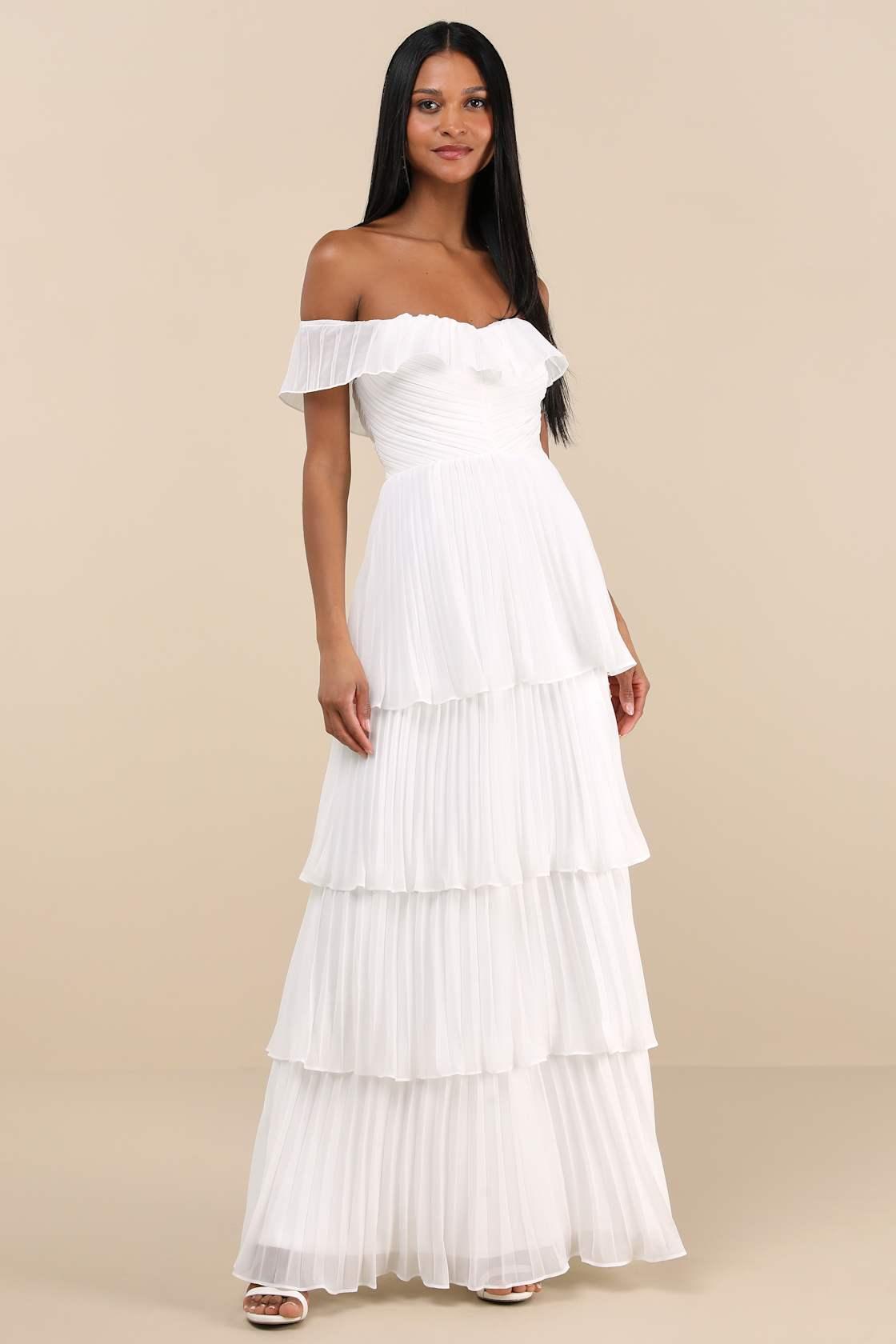 Always Remarkable White Pleated Off-the-Shoulder Maxi Dress Product Image