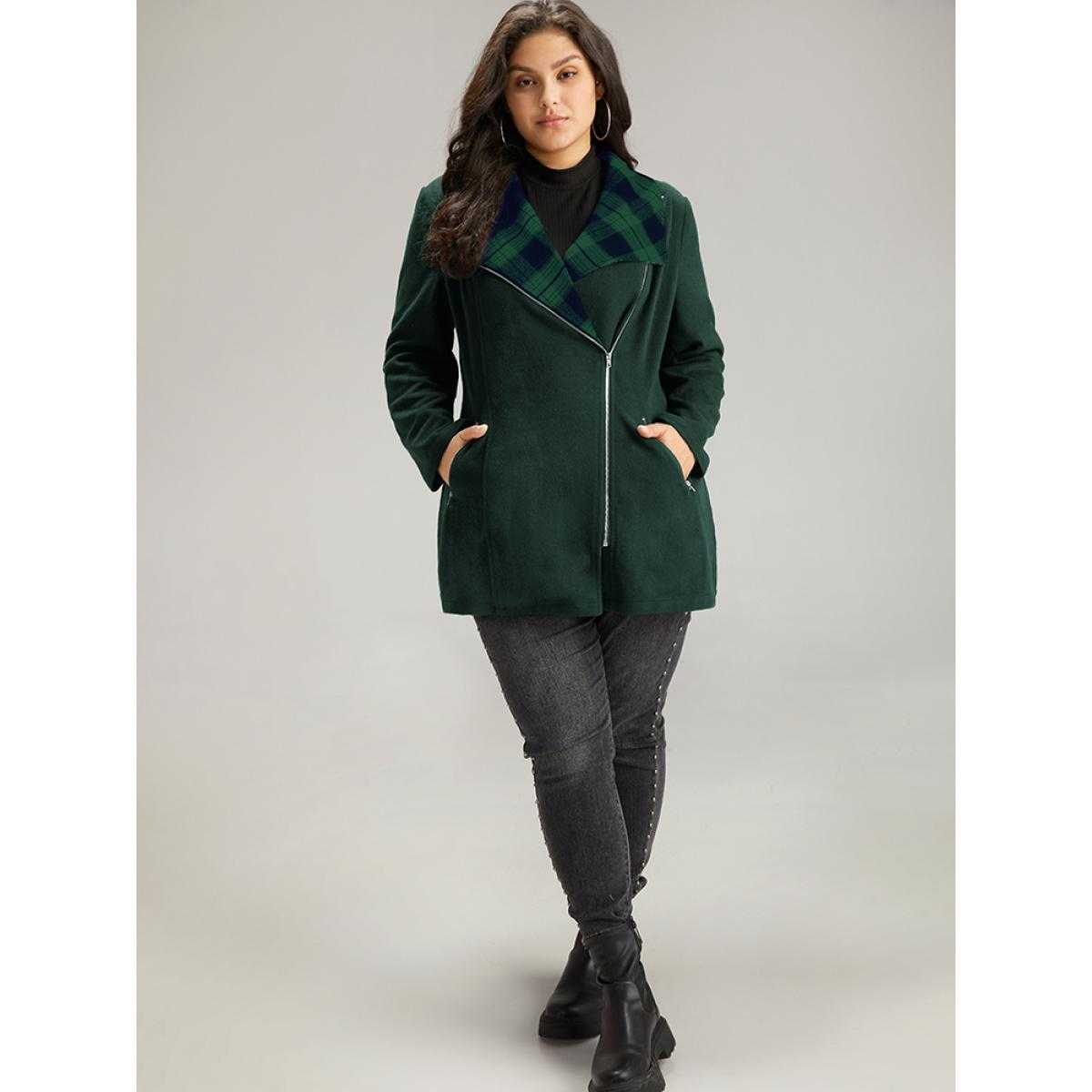 Plus Size Plaid Patchwork Lapel Collar Zipper Coat Women DarkGreen Elegant Contrast Ladies Everyday Winter Coats BloomChic 22-24/3X Product Image