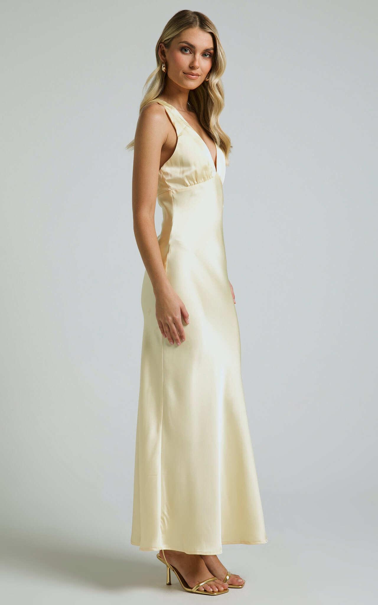 Khalani Midi Dress - Deep V Neck Satin Slip Dress in Butter Yellow Product Image