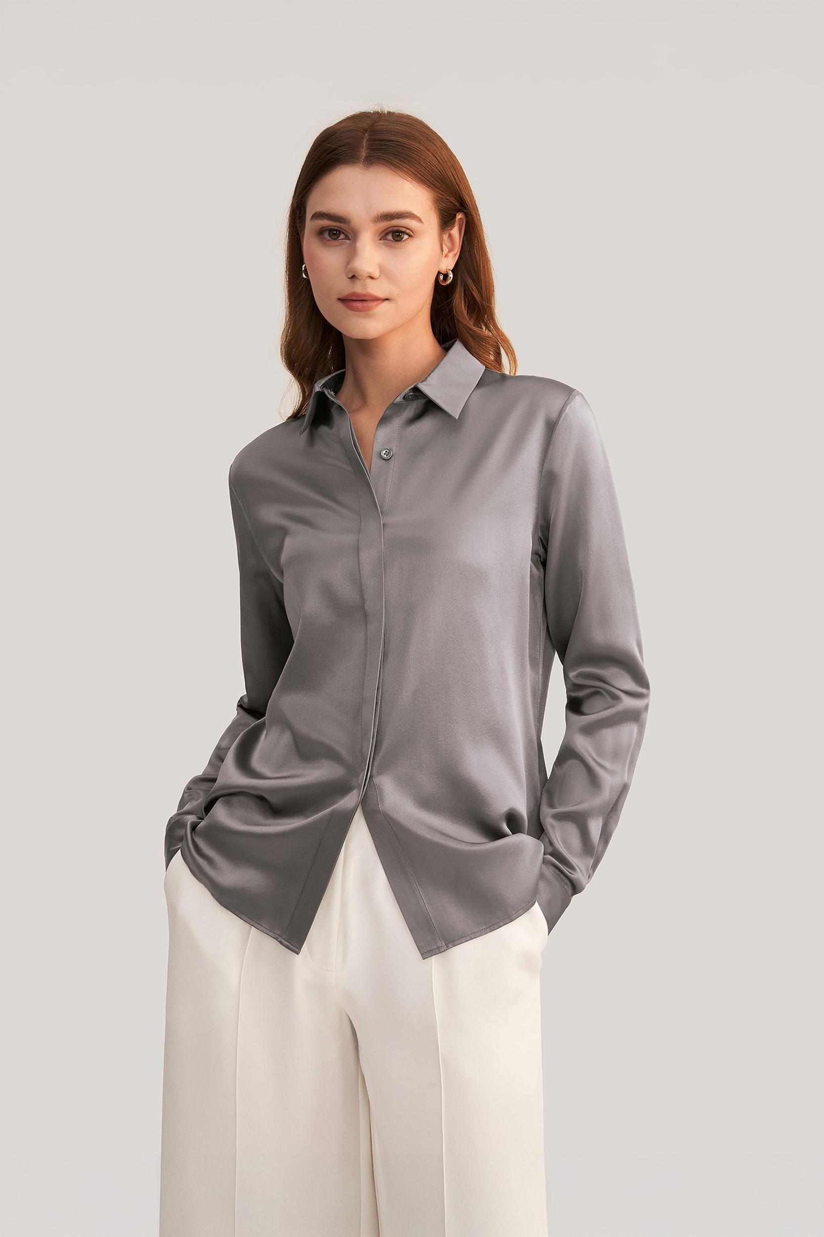 Basic Concealed Placket Silk Shirt Product Image