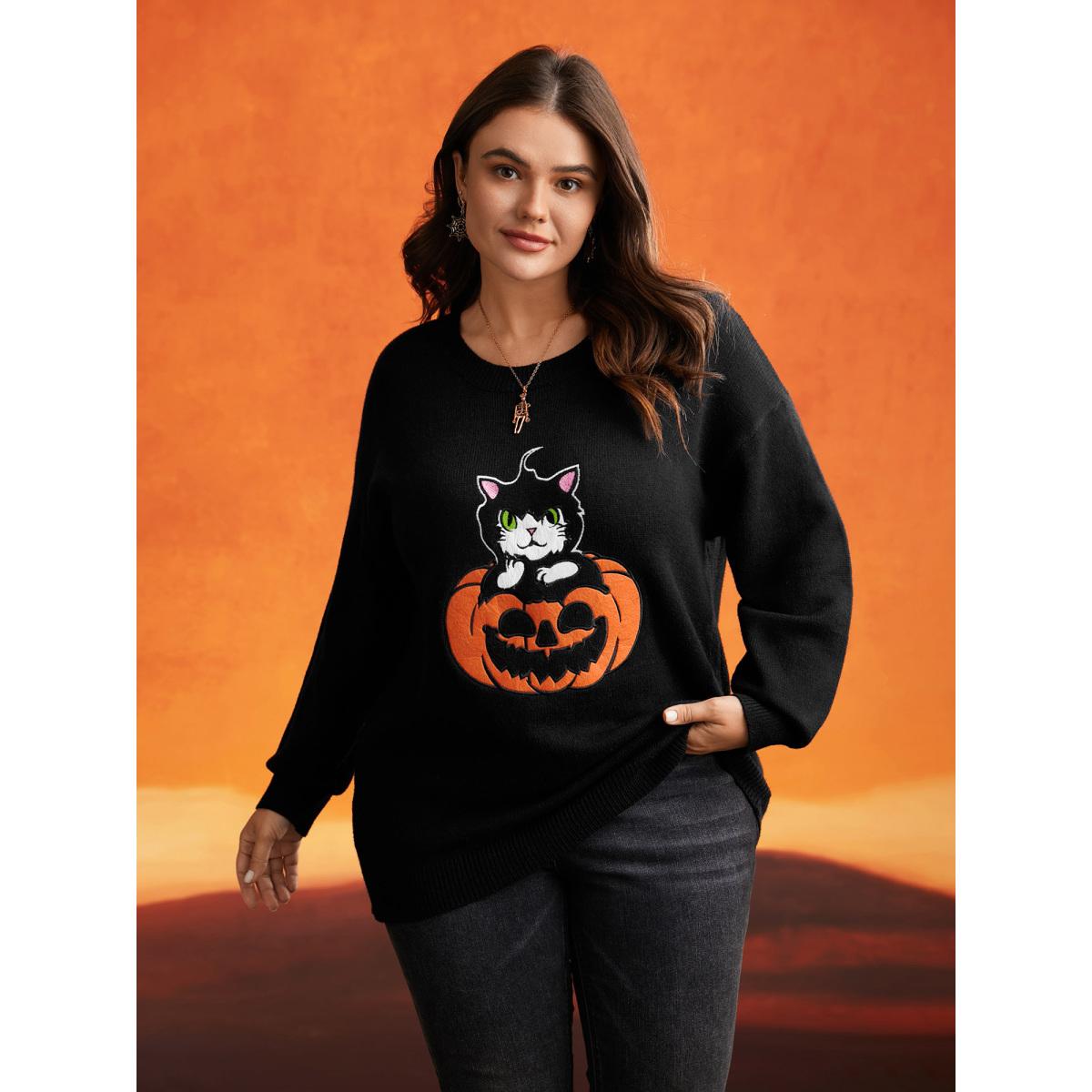 Plus Size Embroidered Cat In Pumpkin Crew Neck Pullover Black Women Casual Long Sleeve Round Neck Everyday Pullovers BloomChic 18-20/2X Product Image
