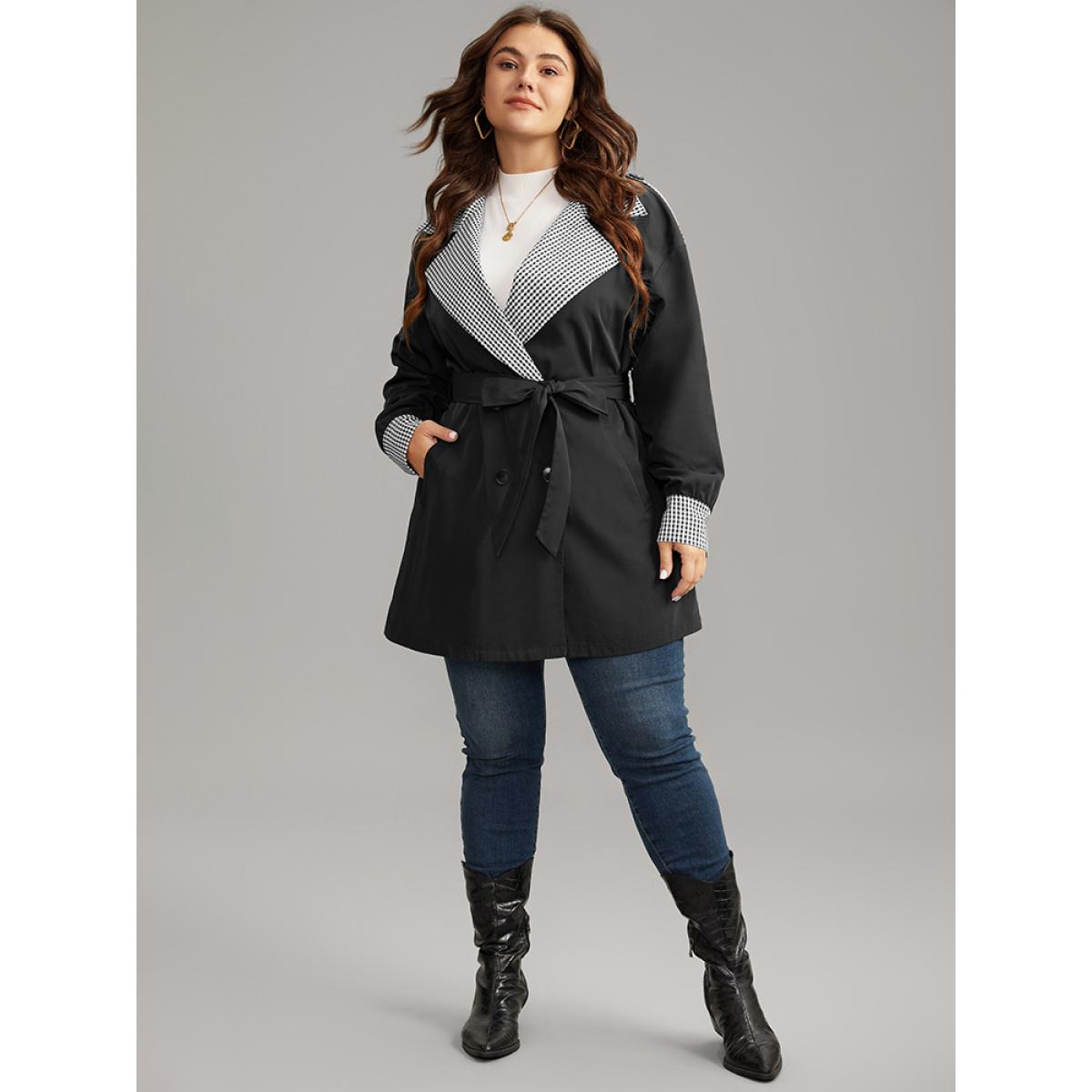 Plus Size Gingham Patchwork Belted Pocket Coat Women Black Casual Belted Ladies Dailywear Winter Coats BloomChic 12/L Product Image