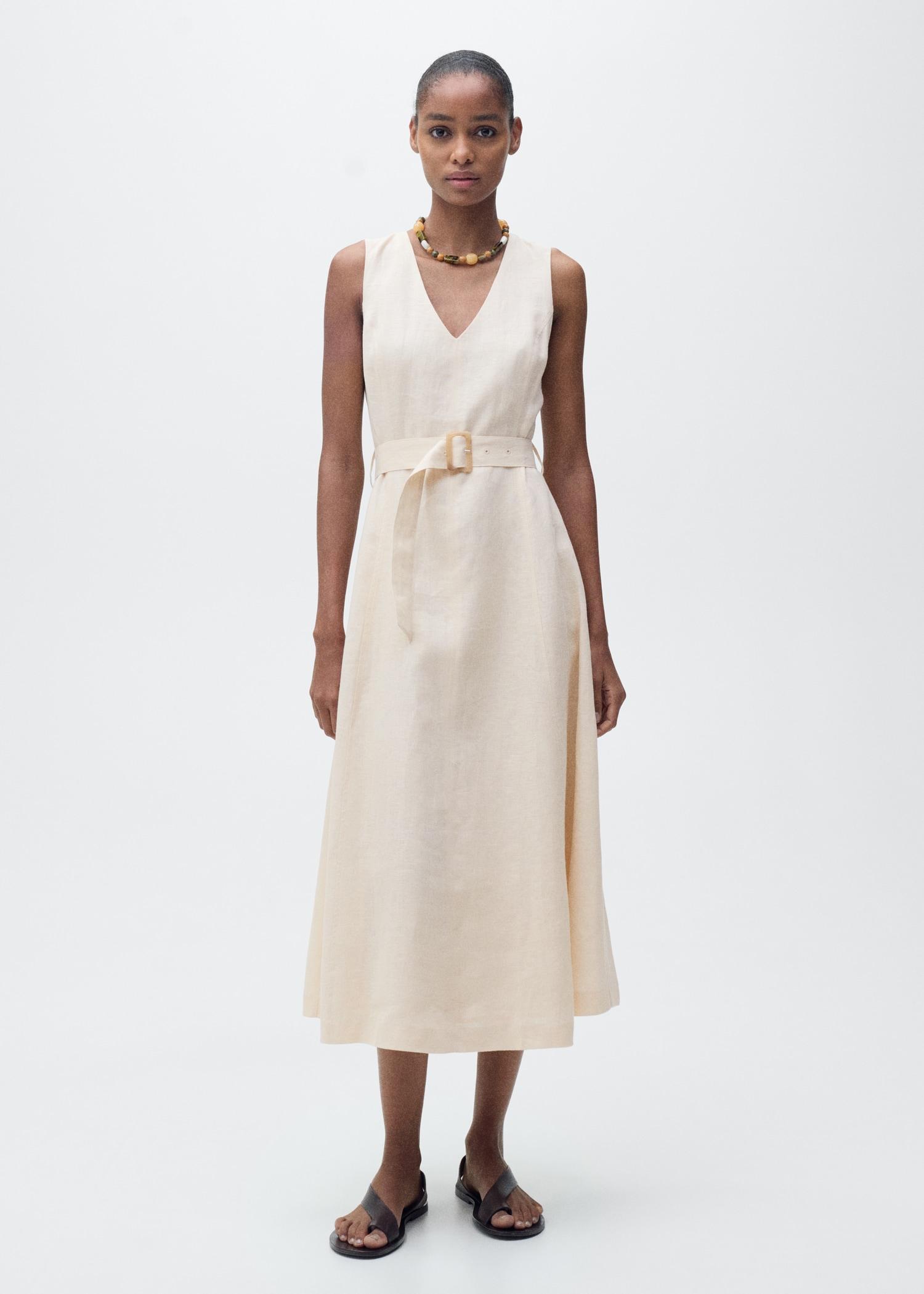 Belt linen dress - Women | MANGO USA Product Image