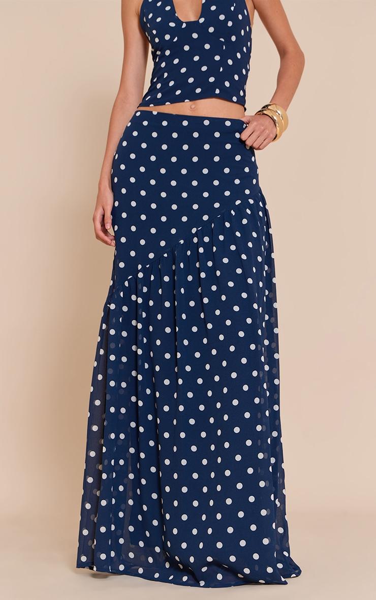 Navy Polka Dot Asymmetric Maxi Skirt Product Image