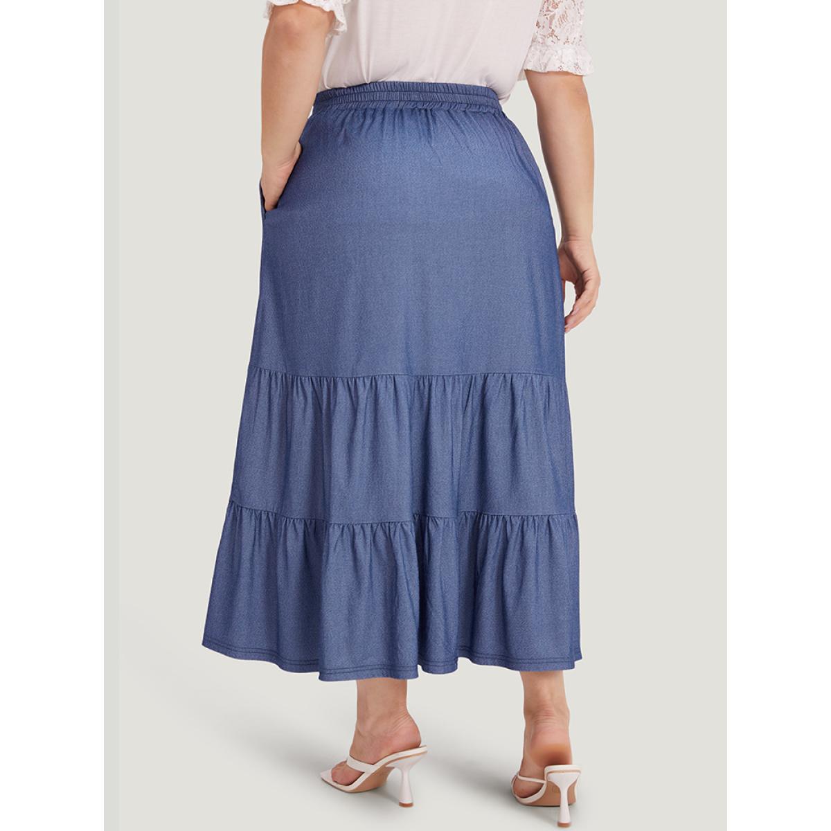 Plus Size Plain Ties Gathered Ruffle Layered Hem Skirt Women Indigo Elegant Plain No stretch Pocket Dailywear Skirts BloomChic 22-24/3X Product Image