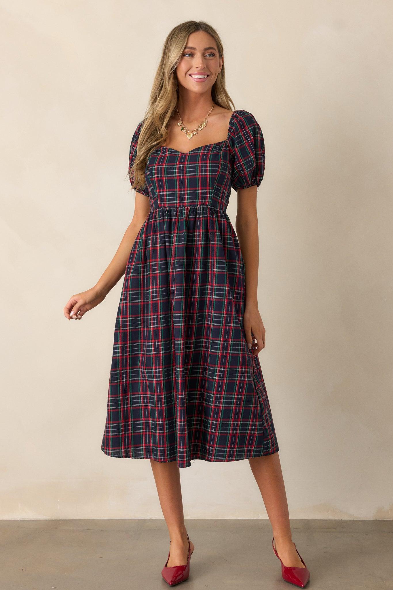 Always You Cotton Navy Plaid Puff Sleeve Midi Dress Product Image