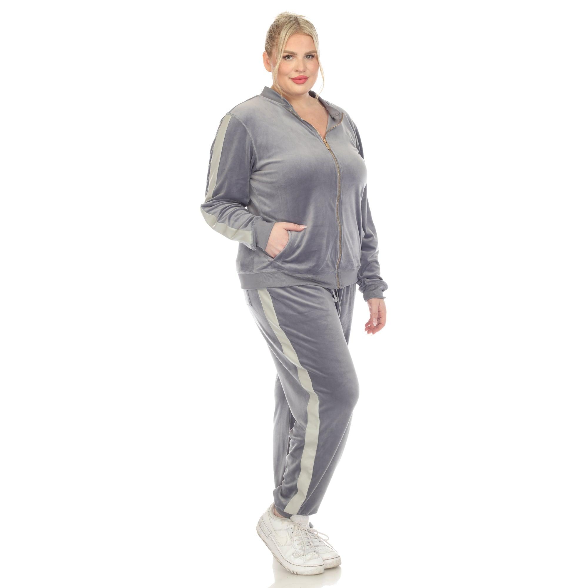 White Mark Women's 2-Piece Velour with Faux Leather Stripe - Plus Female Product Image