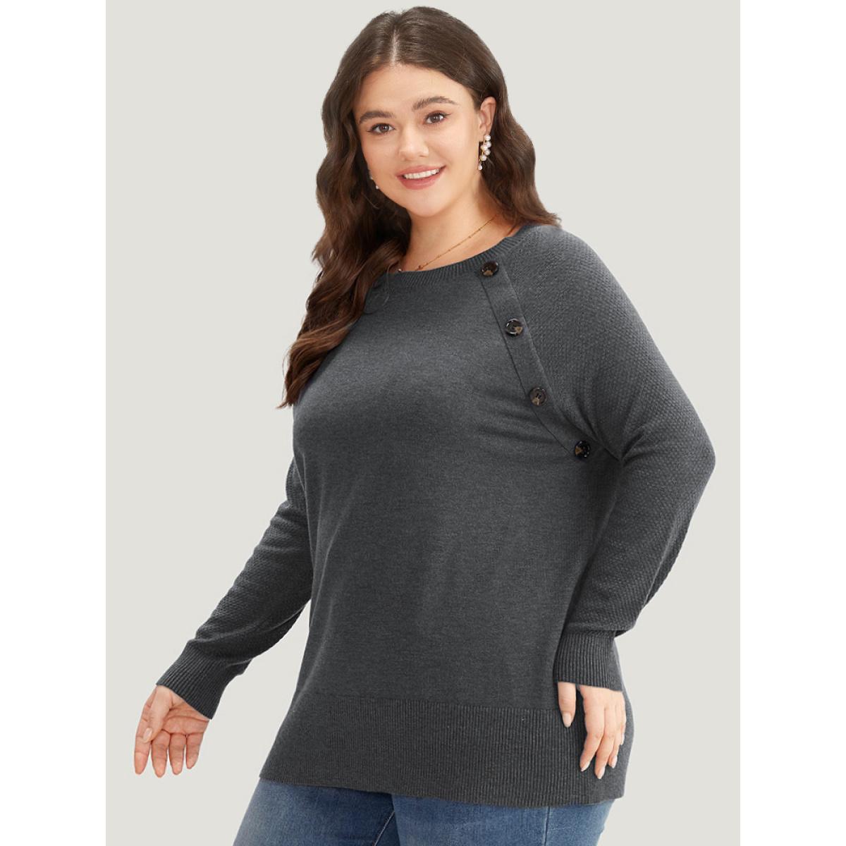 Plus Size Supersoft Essentials Button Detail Raglan Sleeve Pullover DimGray Women Casual Long Sleeve Round Neck Dailywear Pullovers BloomChic 26/4X Product Image