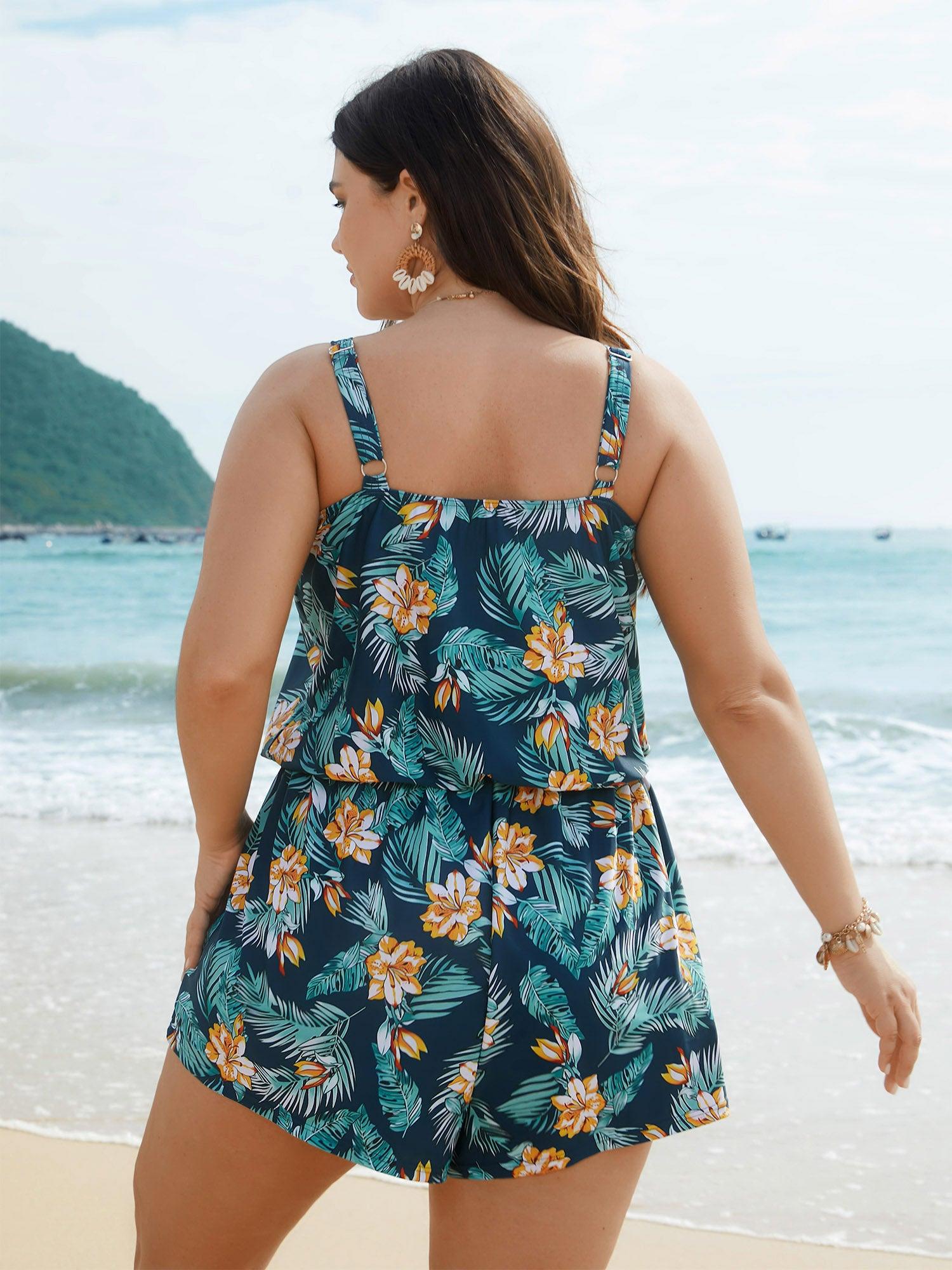 Tropical Flower Print Pockets One-Piece Swimsuit Female Product Image