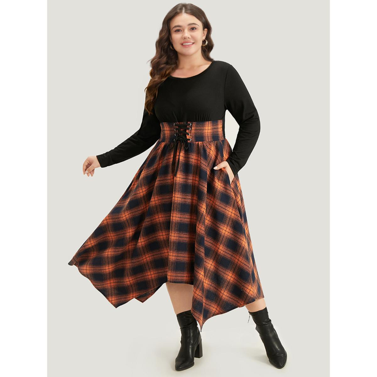 Plus Size Halloween Plaid Lace Up Pocket Asymmetrical Hem Dress Orange Women Casual Cross straps Round Neck Long Sleeve Curvy Midi Dress BloomChic 12/L Product Image