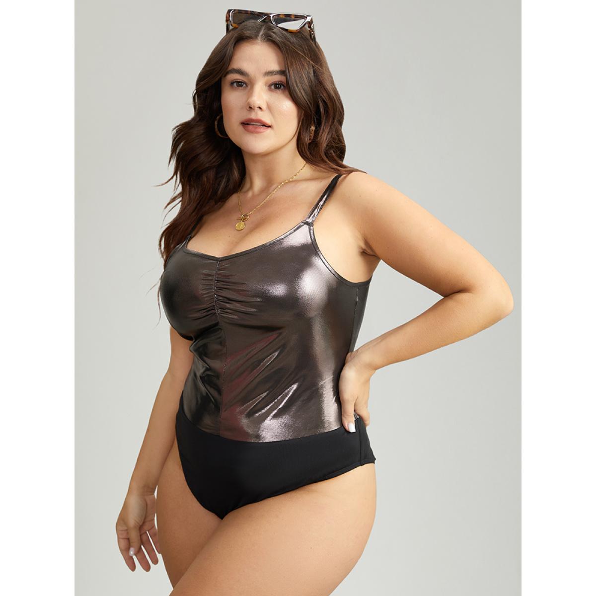 Plus Size Solid Patchwork Ruched Adjustable Straps Bodysuit Women Black Plain Gathered Bodysuits BloomChic 10/M Product Image