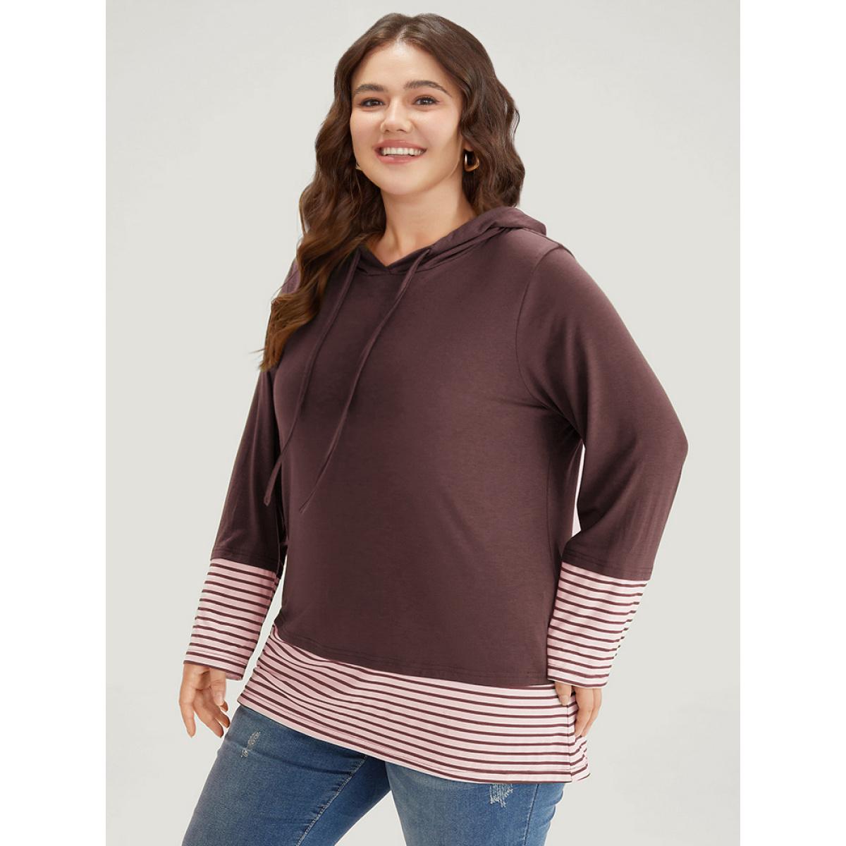 Plus Size Striped Patchwork Hooded Drawstring T-shirt Russet Women Casual Patchwork Striped Hooded Dailywear T-shirts BloomChic 26/4X Product Image