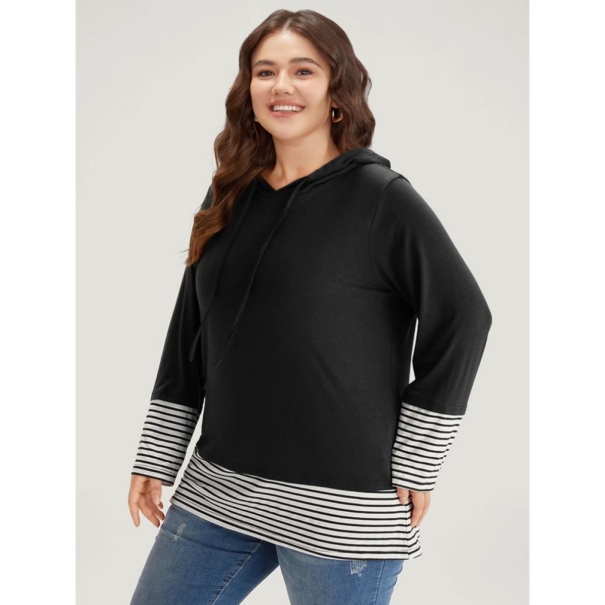 Plus Size Striped Patchwork Hooded Drawstring T-shirt Black Women Casual Patchwork Striped Hooded Dailywear T-shirts BloomChic 22-24/3X Product Image
