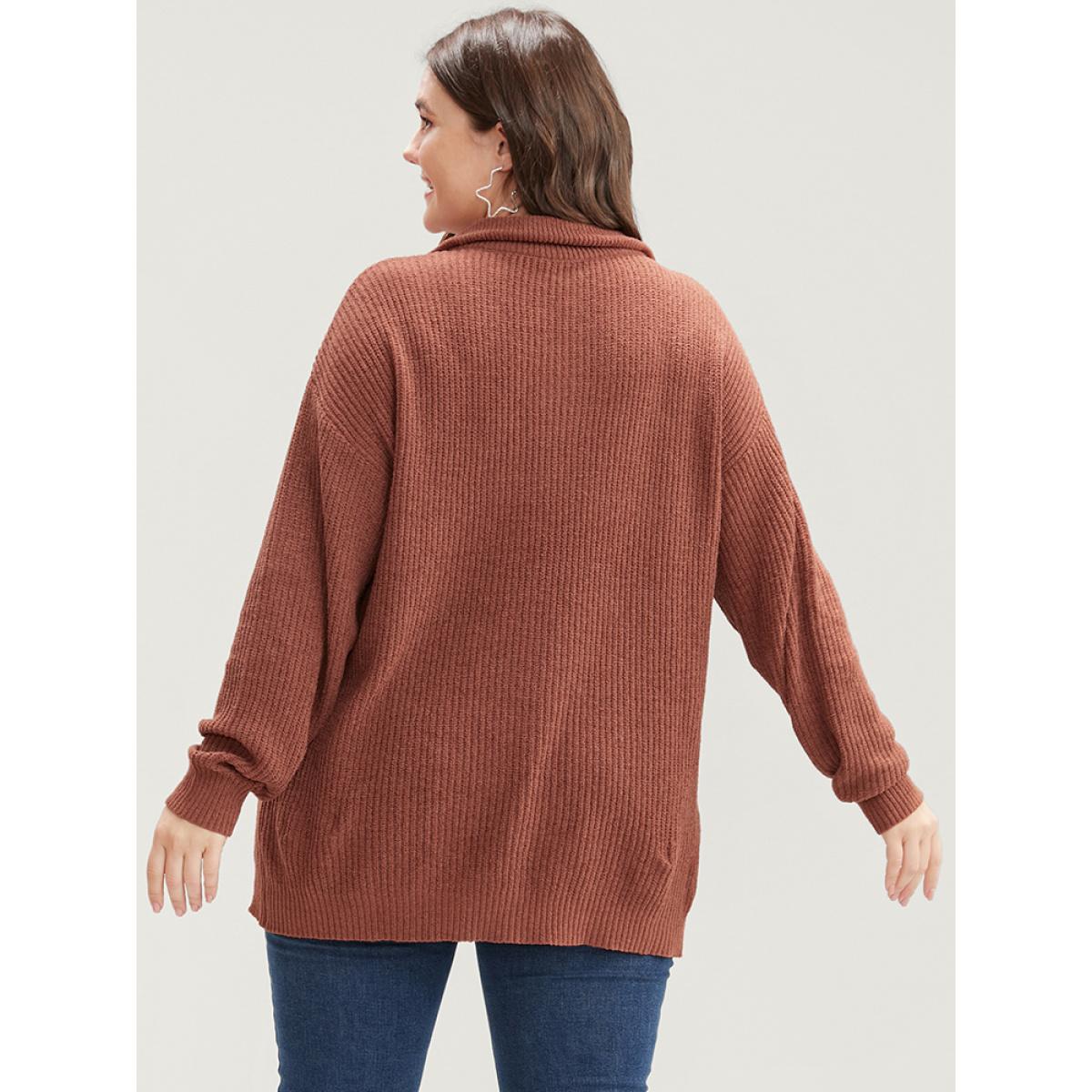 Plus Size Solid Super Soft Knit Zipper Mock Neck Eyelet Knit Top Bronze Women Casual Loose Long Sleeve Mock Neck Dailywear Pullovers BloomChic 14-16/1X Product Image