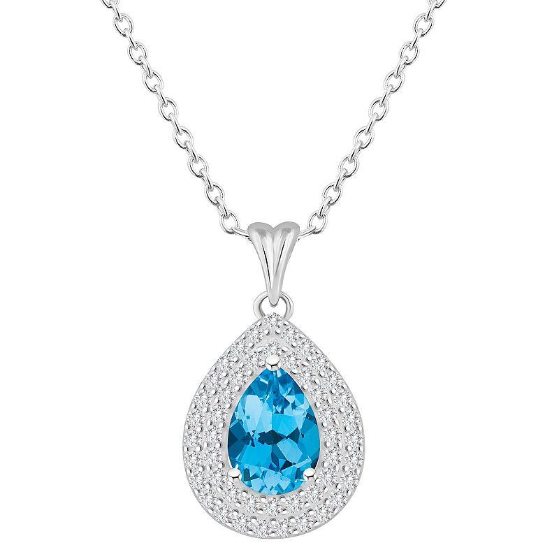 Celebration Gems Sterling Silver Teardrop Swiss Blue Topaz & White Topaz Double Halo Pendant Necklace, Women's,  Product Image