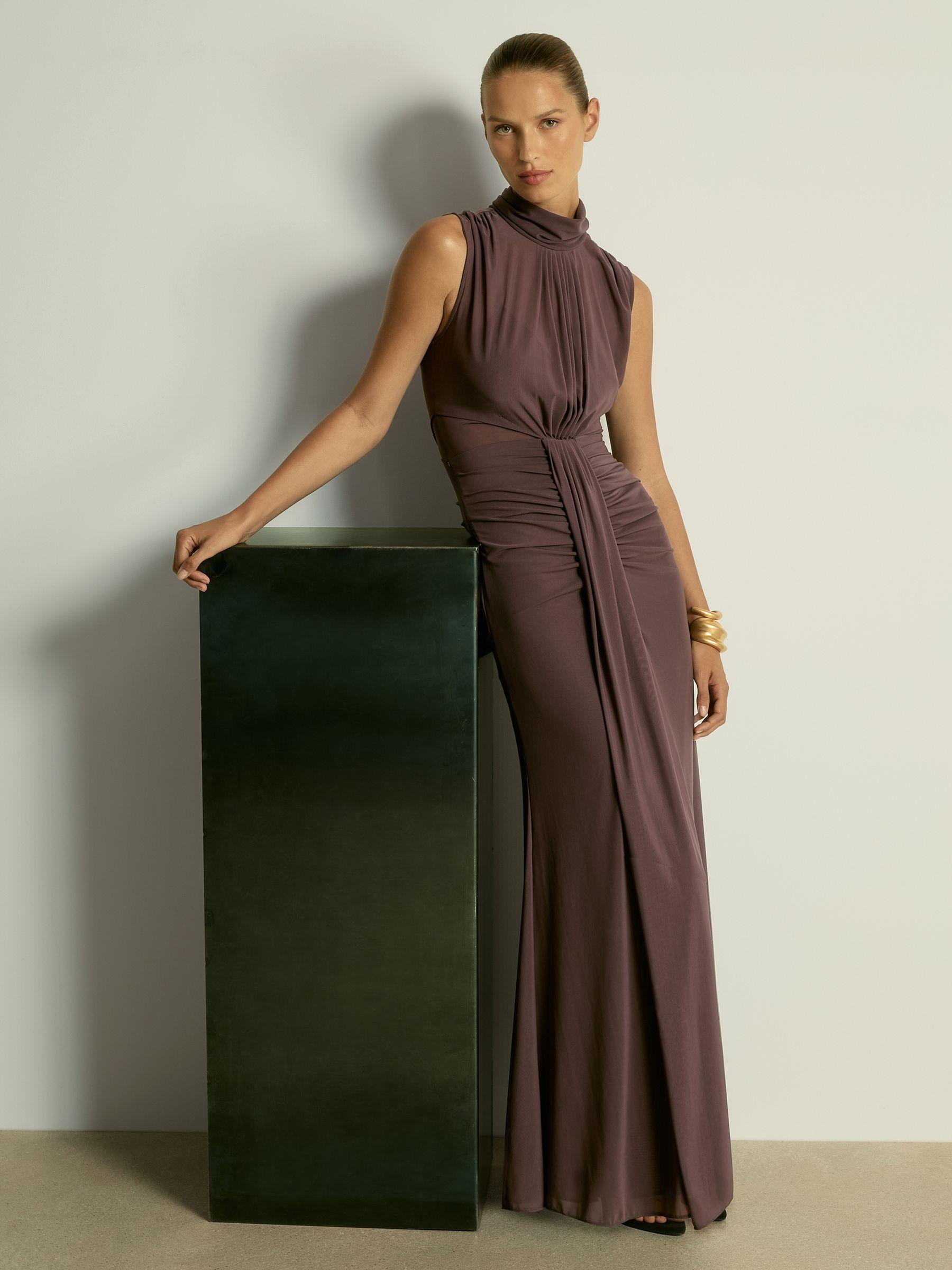 Sheer Ruched Maxi Dress in Taupe Product Image
