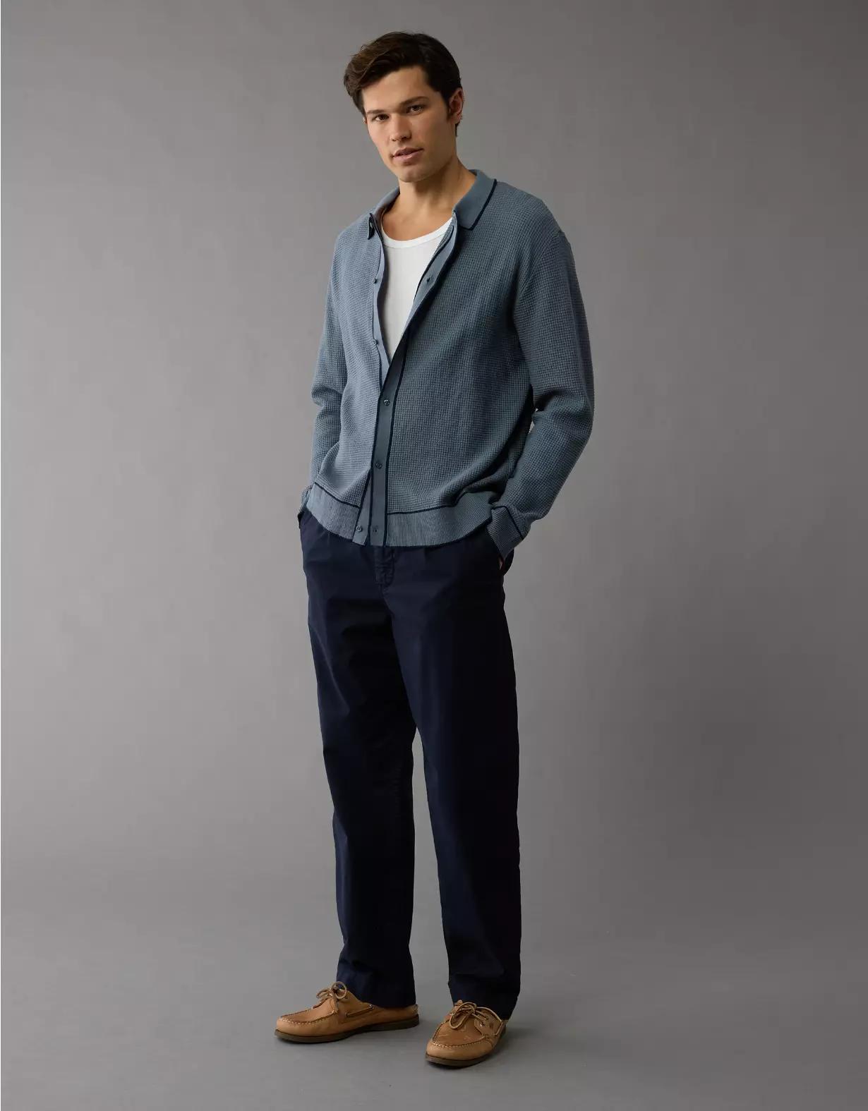 AE Long-Sleeve Tipped Waffle Sweater Polo Shirt Product Image