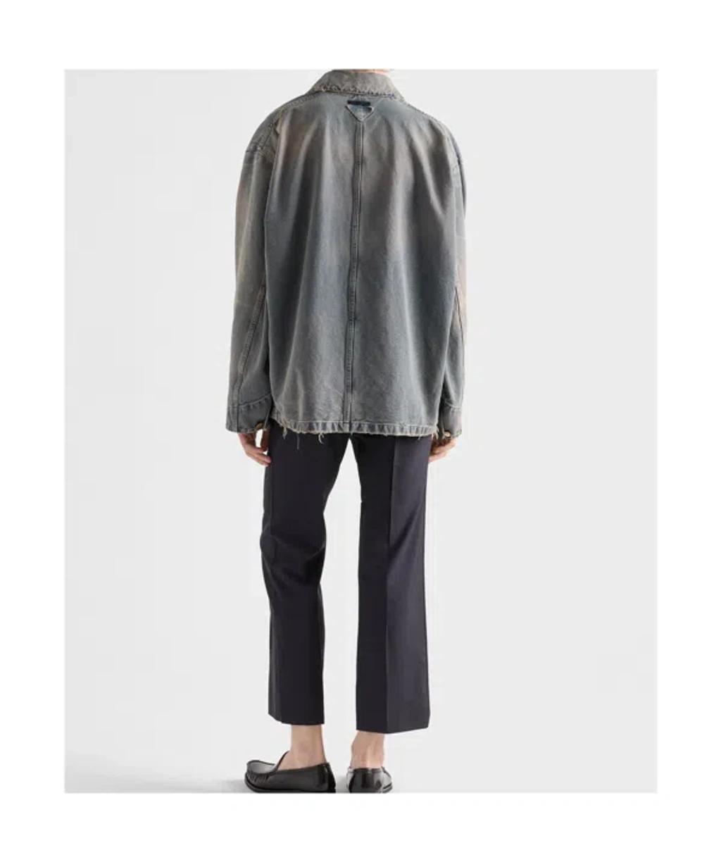 PRADA Distressed Denim Blouson Jacket In Gray Product Image