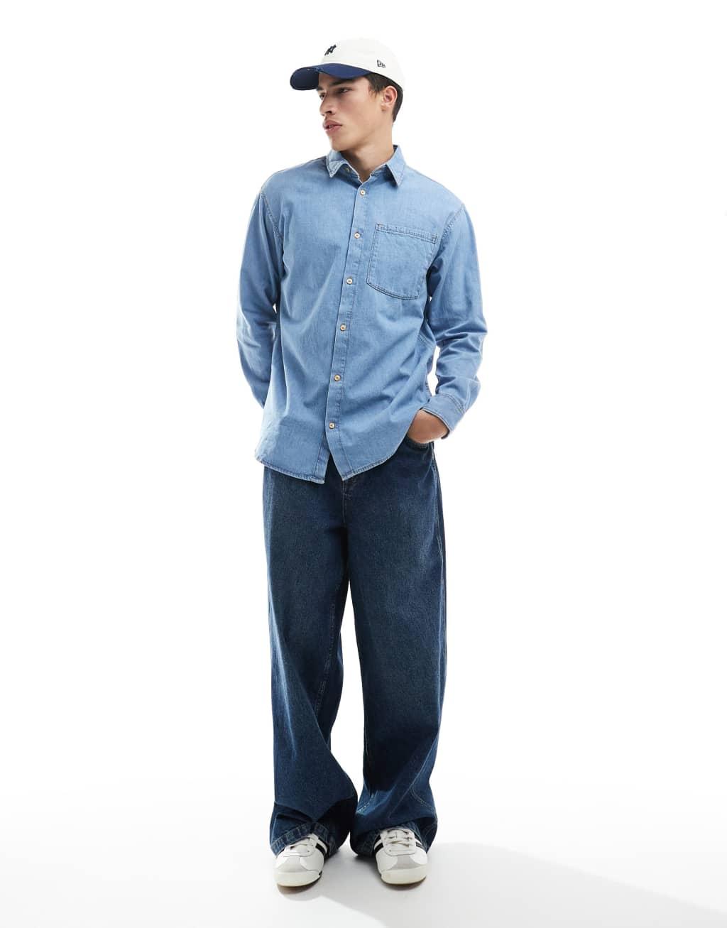 Jack & Jones long sleeve denim shirt in light blue  Product Image