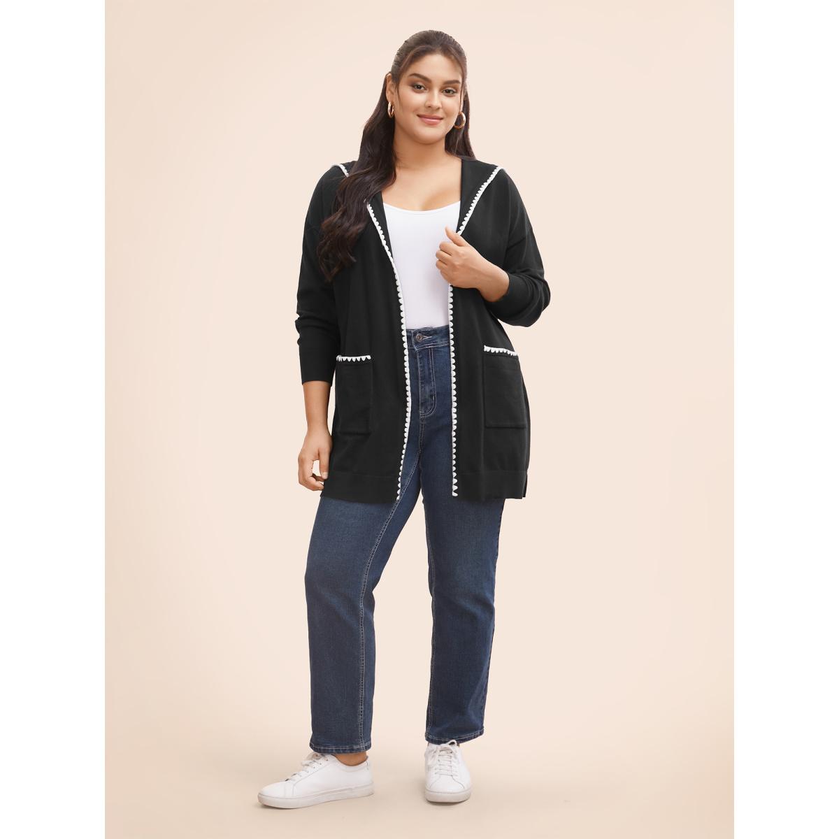 Plus Size Supersoft Essentials Contrast Trim Hooded Cardigan Black Women Casual Loose Long Sleeve Everyday Cardigans BloomChic 18-20/2X Product Image