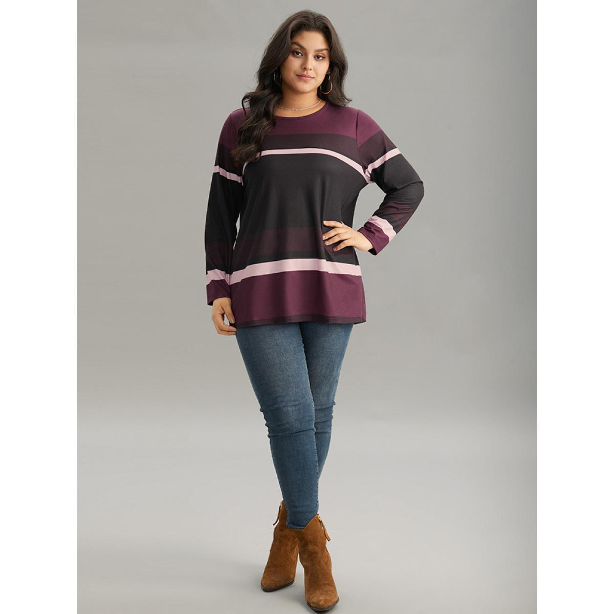 Plus Size Striped Colorblock Contrast Round Neck T-shirt Multicolor Women Casual Printed Colorblock Round Neck Dailywear T-shirts BloomChic 30/6X Product Image