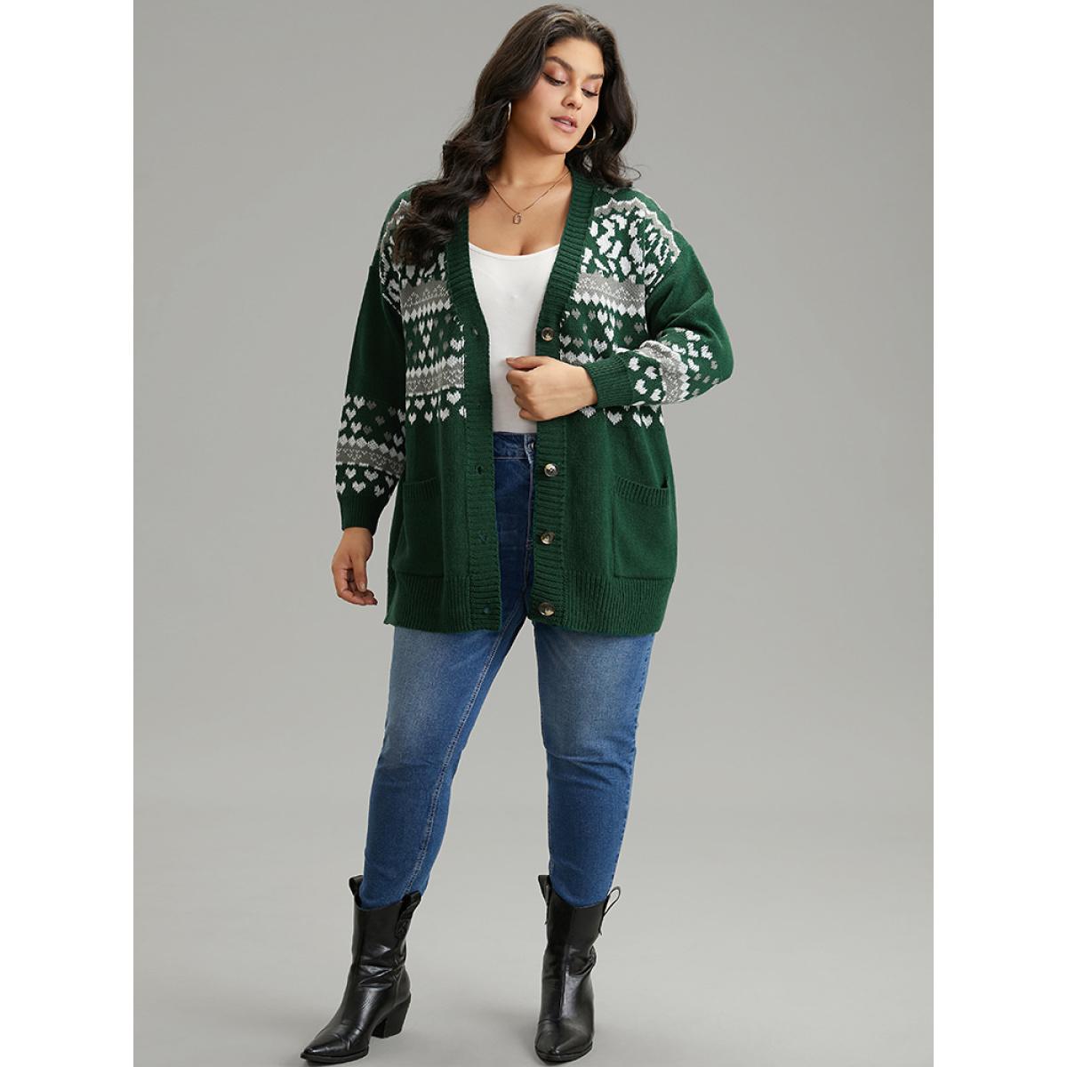 Plus Size Christmas Jacquard Button Up Pocket Cardigan DarkGreen Women Casual Loose Long Sleeve Festival-Christmas Cardigans BloomChic 12/L Product Image