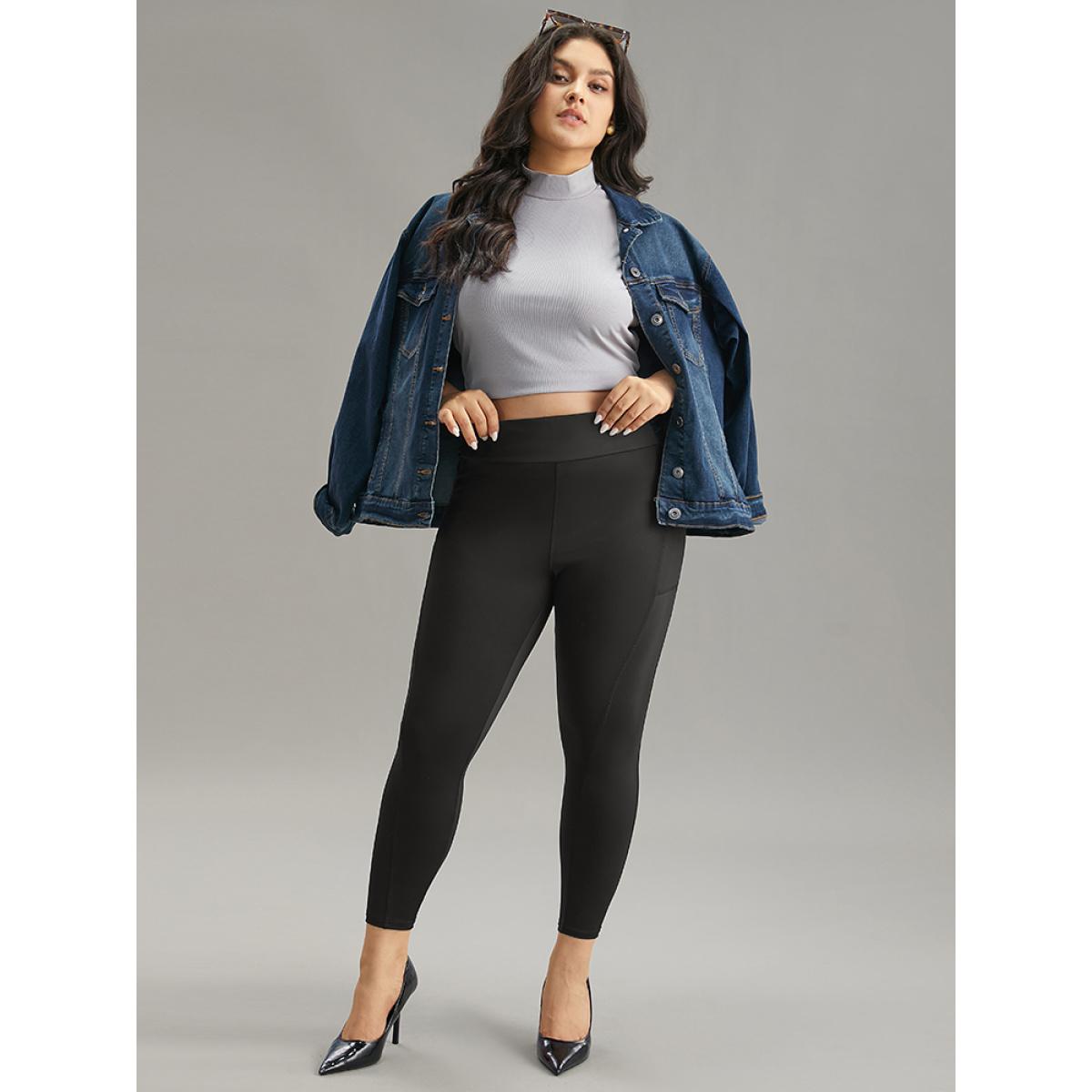 Plus Size Plain Ruched Side Pocket Wideband Waist Leggings Women Black Casual High stretch Skinny High Rise Dailywear Leggings BloomChic 14-16/1X Product Image