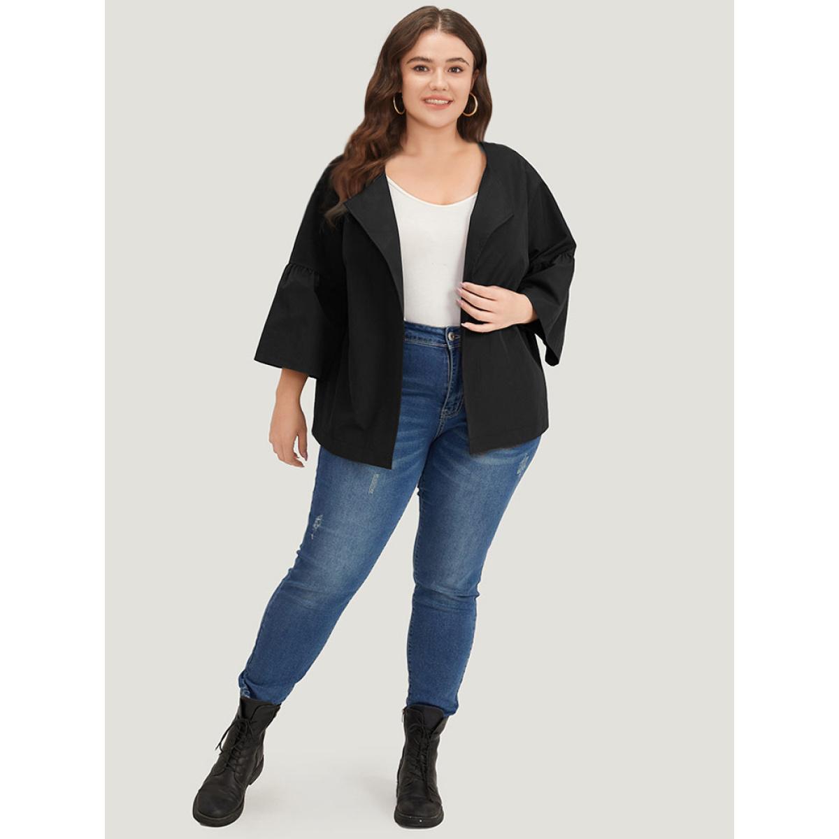 Plus Size Halloween Plain Lapel Collar Ruffle Trim Open Front Jacket Women Black Casual Gathered Dailywear Kimonos BloomChic 28/5X Product Image