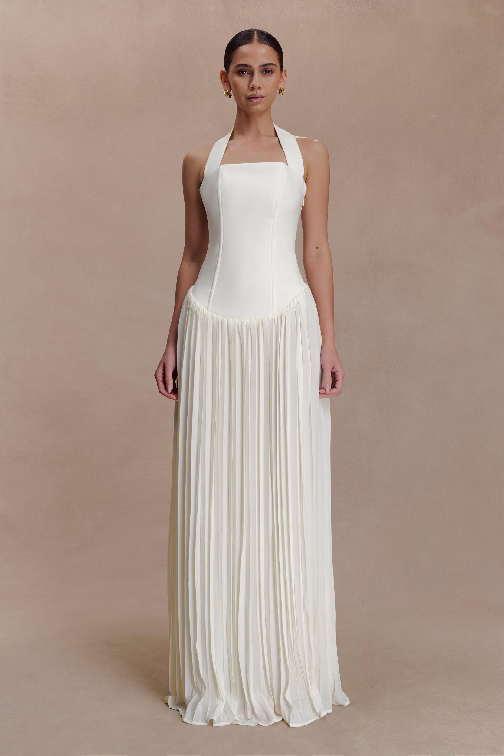 Stacie Pleated Halter Maxi Dress - Ivory Product Image